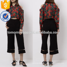 Camisa cortada impresión floral negra Fabricación al por mayor Ropa de mujer de moda (TA4019B)